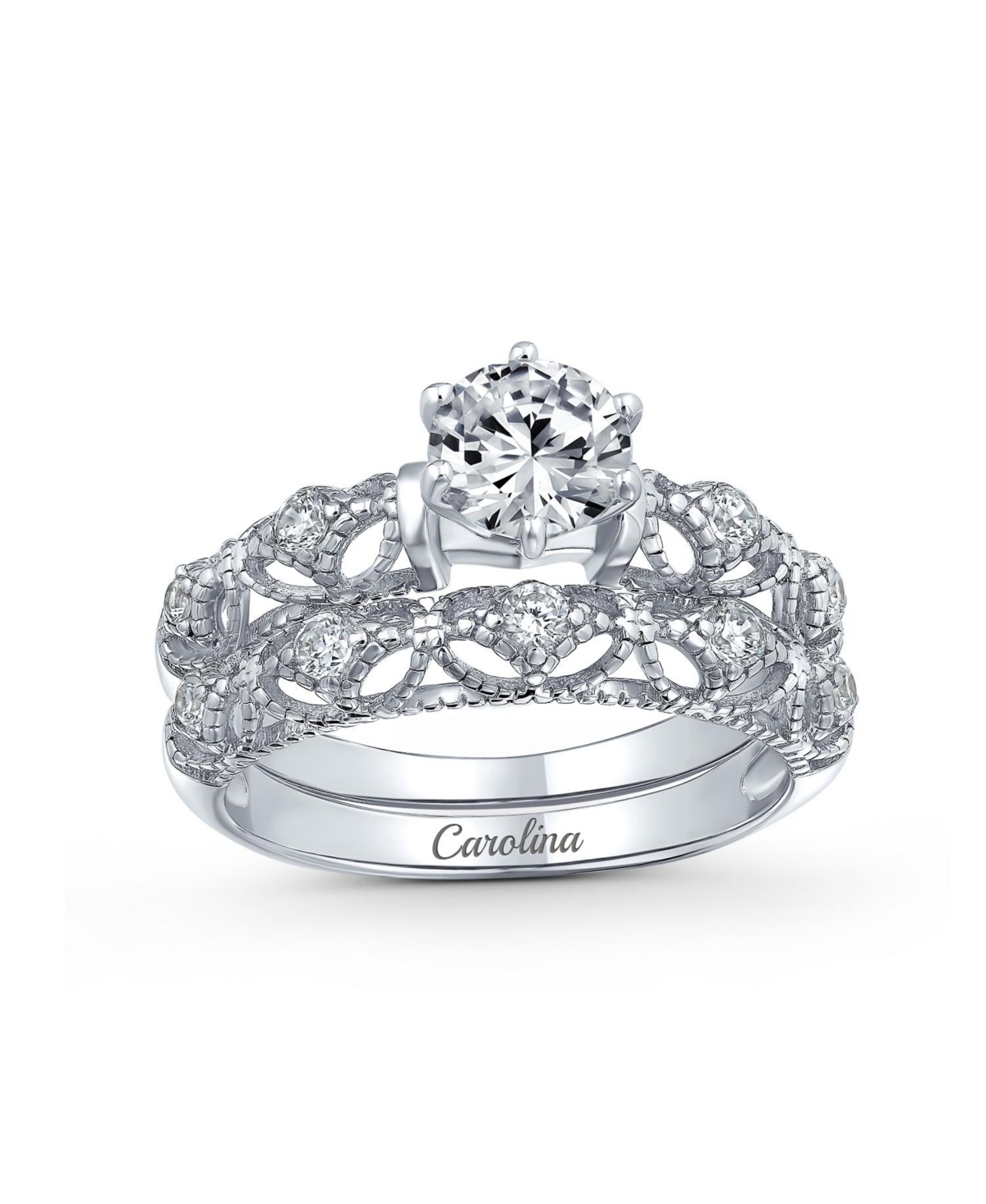 Bling Jewelry 1CT Round Cz Solitaire & Filigree Band Promise Ring Set in Sterling Silver