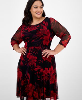 Plus Size Printed 3/4-Sleeve Fit & Flare Dress