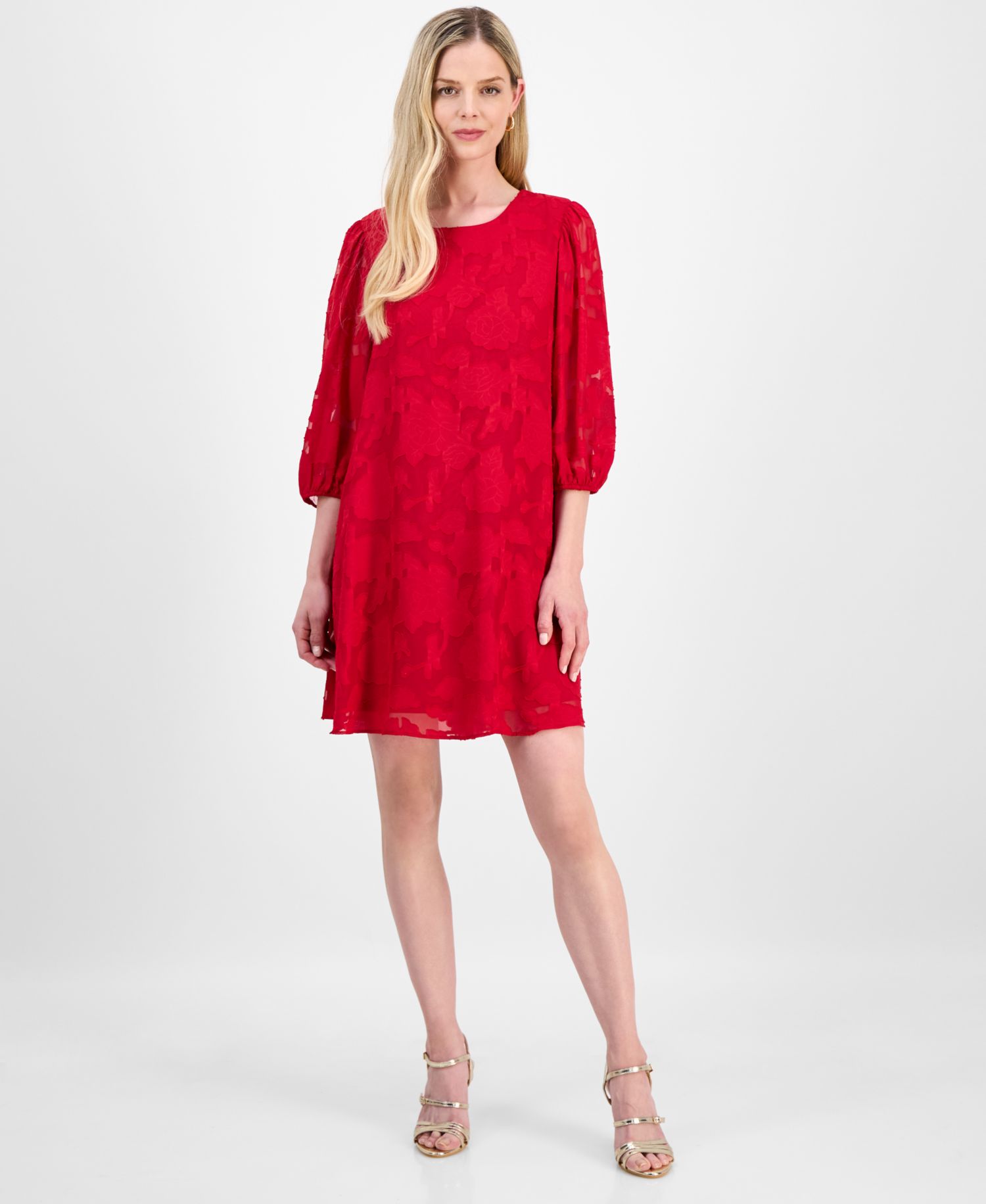 Petite Floral Burnout Blouson-Sleeve Shift Dress
