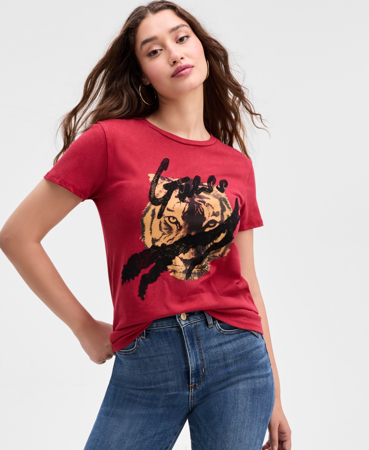 Guess Women's Cotton Tiger-graphic Lace-trim T-shirt In Red