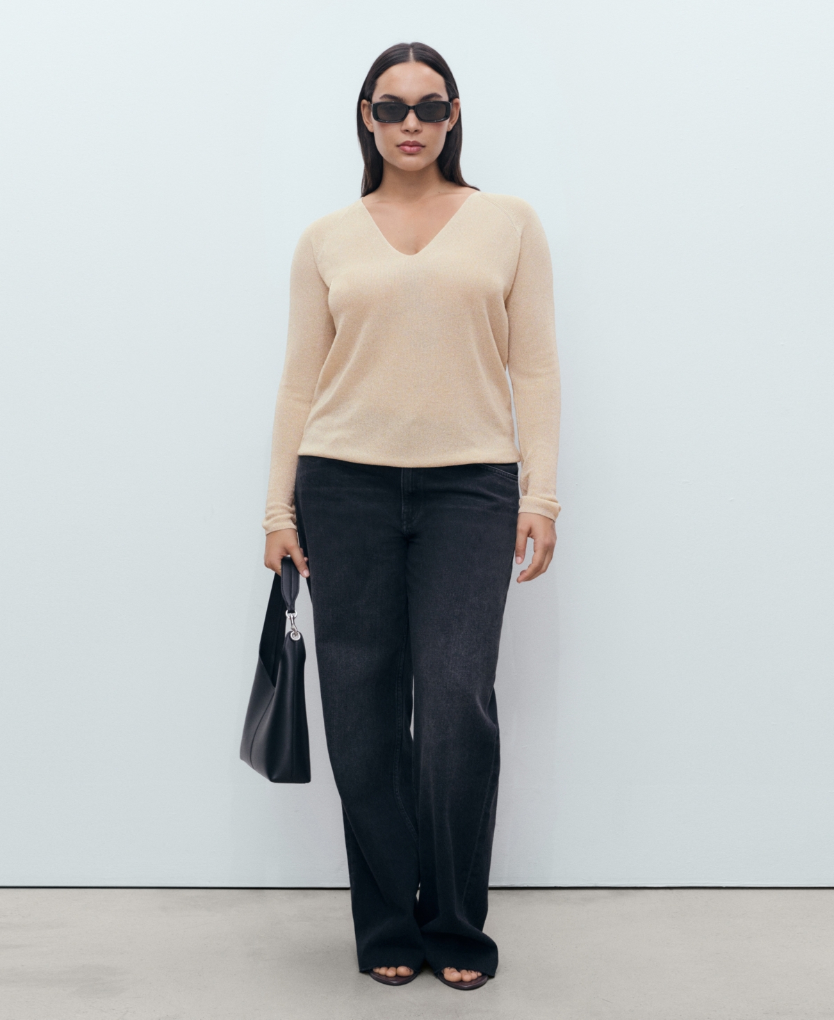 Mango Metallic V-neck Sweater In Neutral