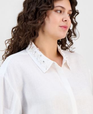 Plus Size Linen Beaded-Collar Long-Sleeve Blouse, Macy's Exclusive