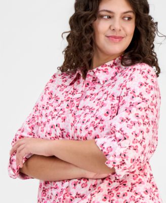 Plus Size Linen Poppy Floral Button-Front Shirt, Macy's Exclusive