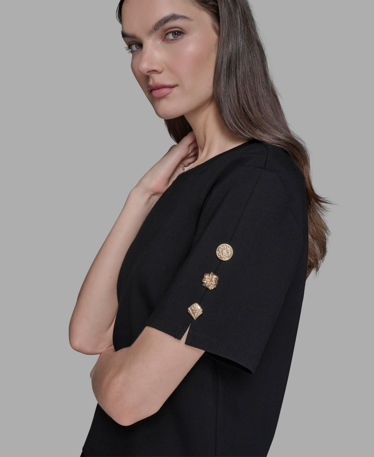 Karl Lagerfeld Women's Pleated Trim Hem Blouse In Black