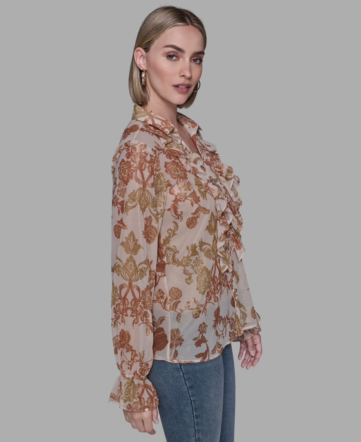 Karl Lagerfeld Women's Printed Ruffled Long Sleeves Blouse In Brown