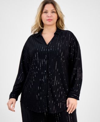 Plus Size Sequin Pinstripe Drop-Shoulder Tunic Shirt & Sequin Pinstripe High-Rise Wide-Leg Pants
