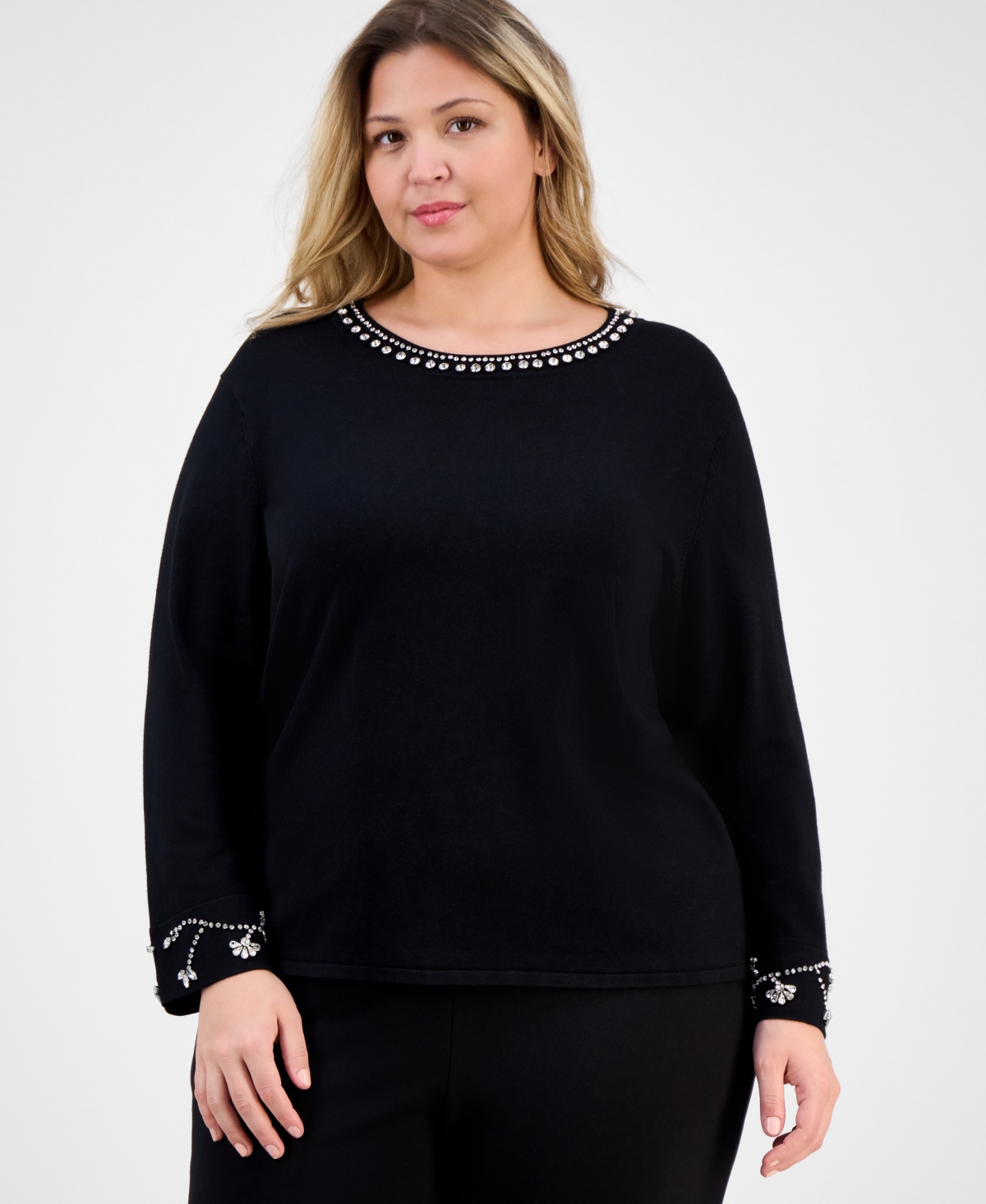 Anne Klein Plus Size Embellished Bracelet-Sleeve Sweater