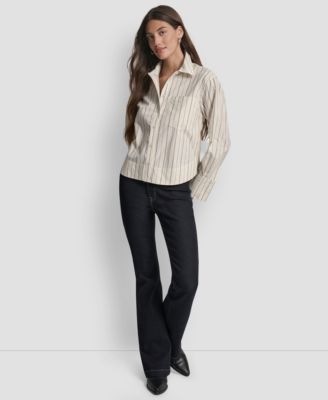 Women's Cropped Long Sleeve Button Front Shirt