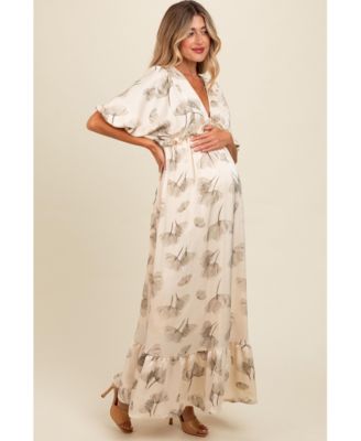 Maternity Cream Floral Chiffon Ruffle Accent Maxi Dress