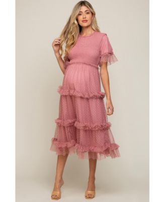 Pink Polka Dot Tulle Smocked Maternity Midi Dress