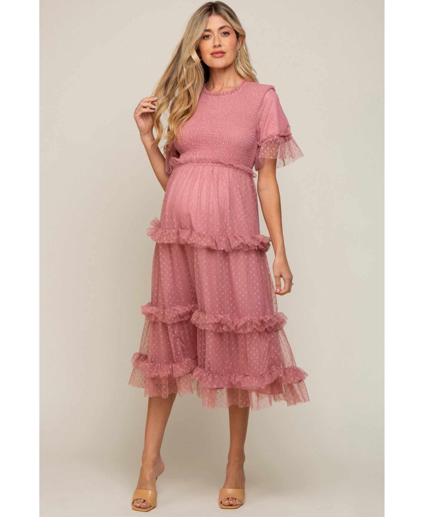 Женское платье Pinkblush Pink Polka Dot Tulle Smocked Midi, цвет: Розовый — фото 2