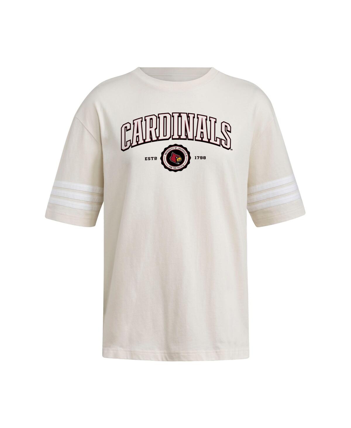 Adidas Women's Cream Louisville Cardinals Fashion Three-Stripes Oversized T-Shirt