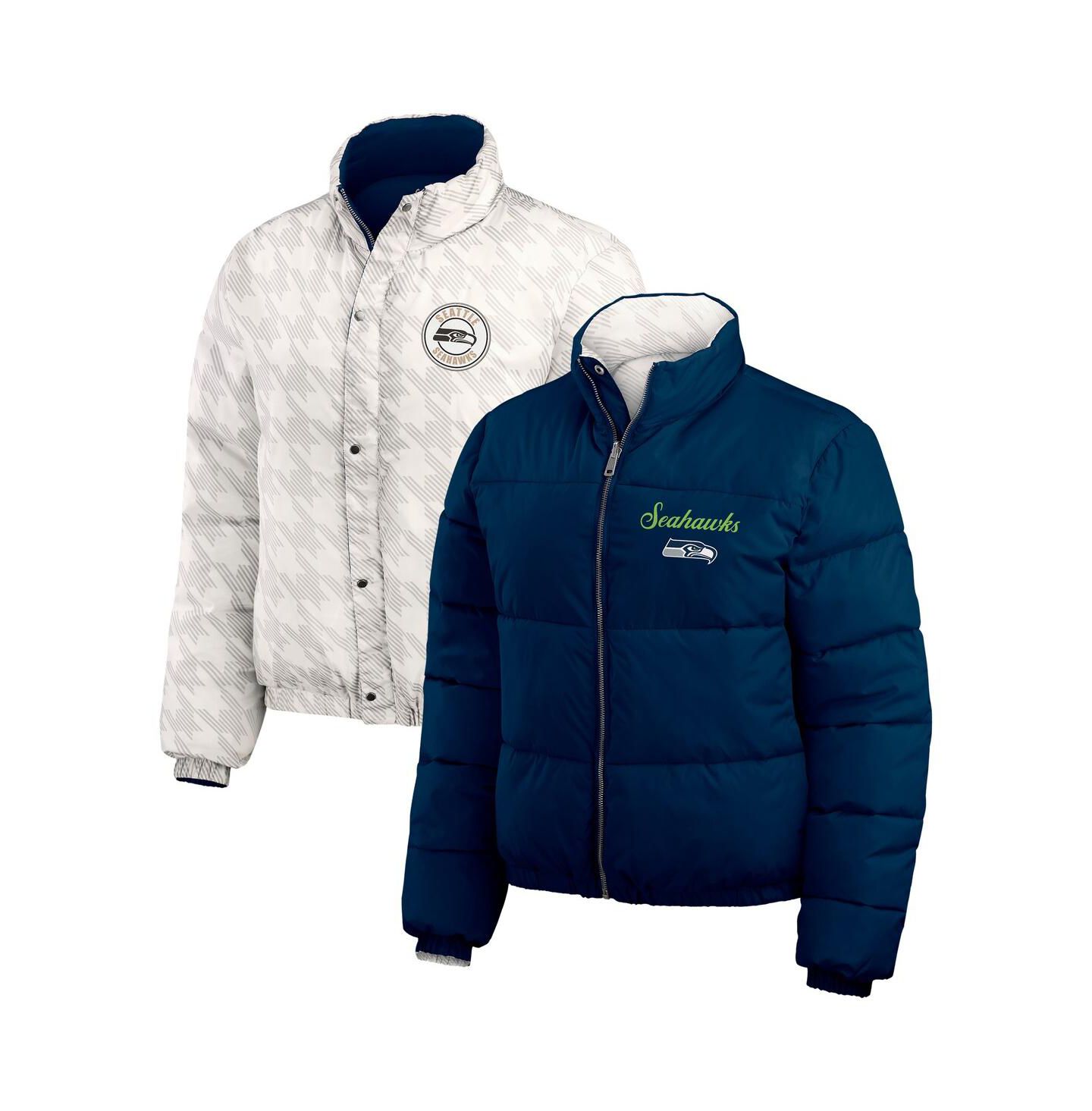 Женская куртка WEAR by Erin Andrews College Navy/White Seattle Seahawks Reversible Cropped Full-Zip Puffer — фото 1