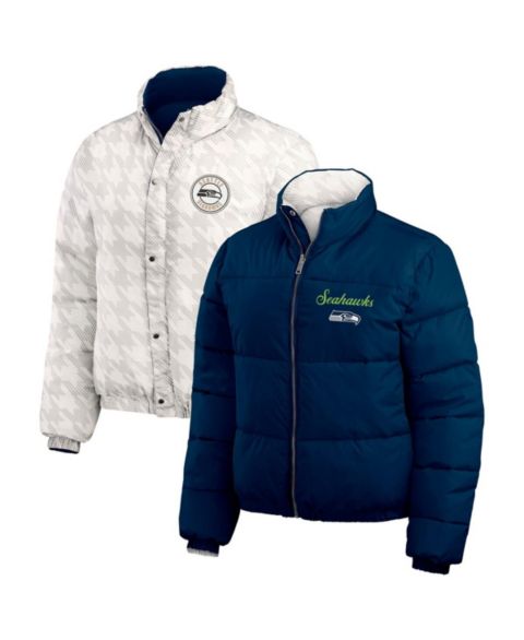 Женские куртки WEAR by Erin Andrews Women's College Navy/White Seattle Seahawks Reversible Cropped Full-Zip Puffer Jacket