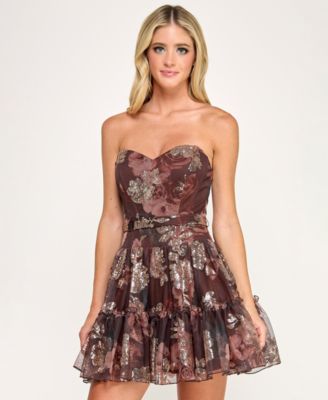 Juniors' Strapless Sequin Printed Corset Dress