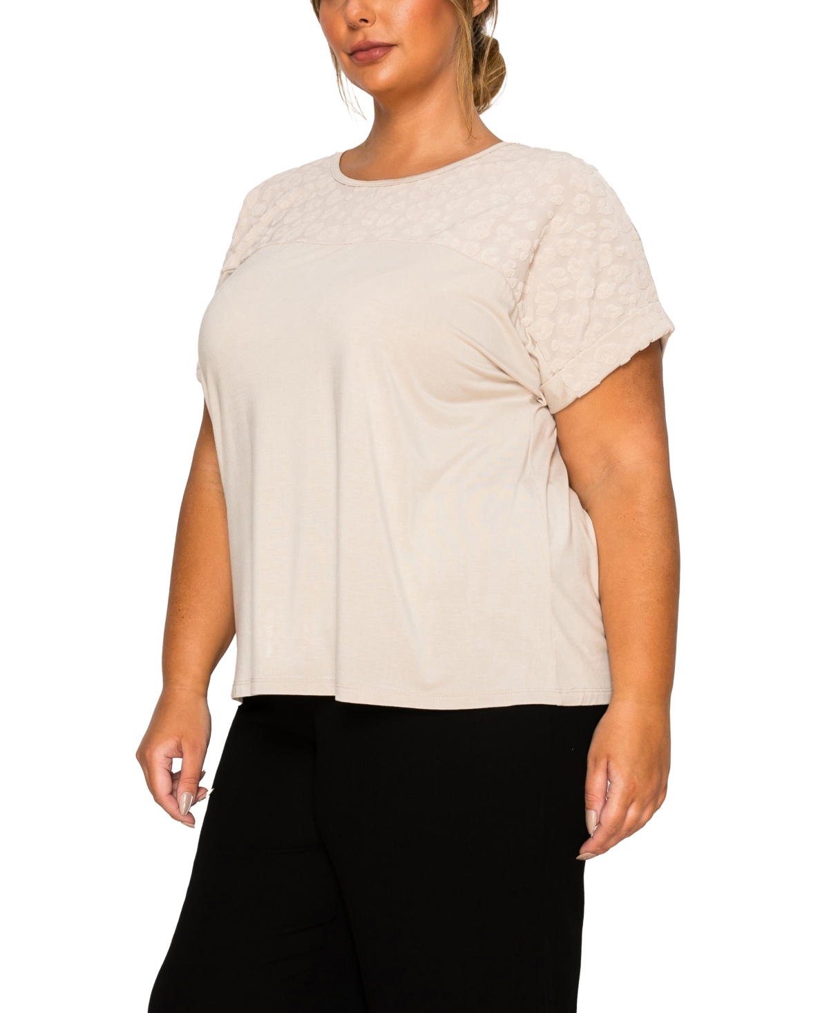 Coin 1804 Plus Size Cheetah Burnout Contrast Yoke Dolman Top In Neutral