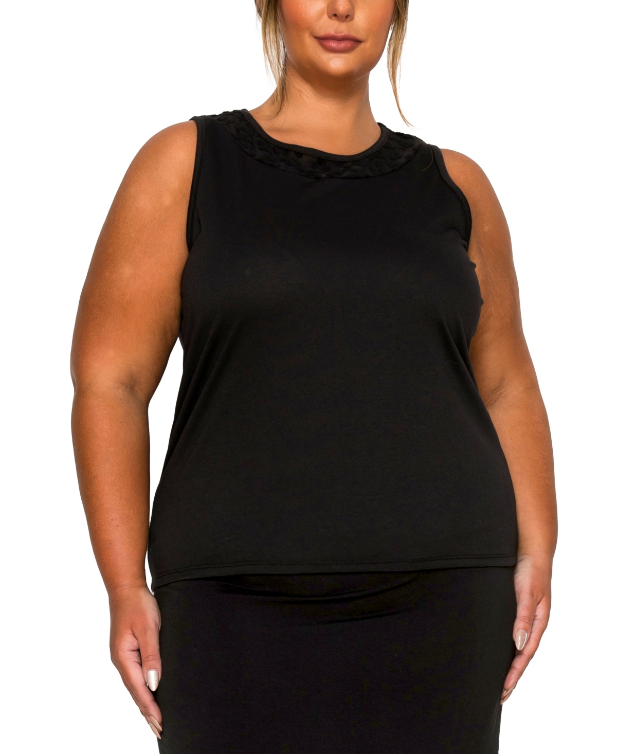 Coin 1804 Plus Size Cheetah Burnout Contrast Neck Inset Tank Top In Black