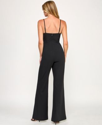 Juniors' Scuba Crepe Contrast Peekaboo Jumpsuit