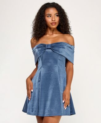 Juniors' Shimmer Off-The-Shoulder Bow Front Dress