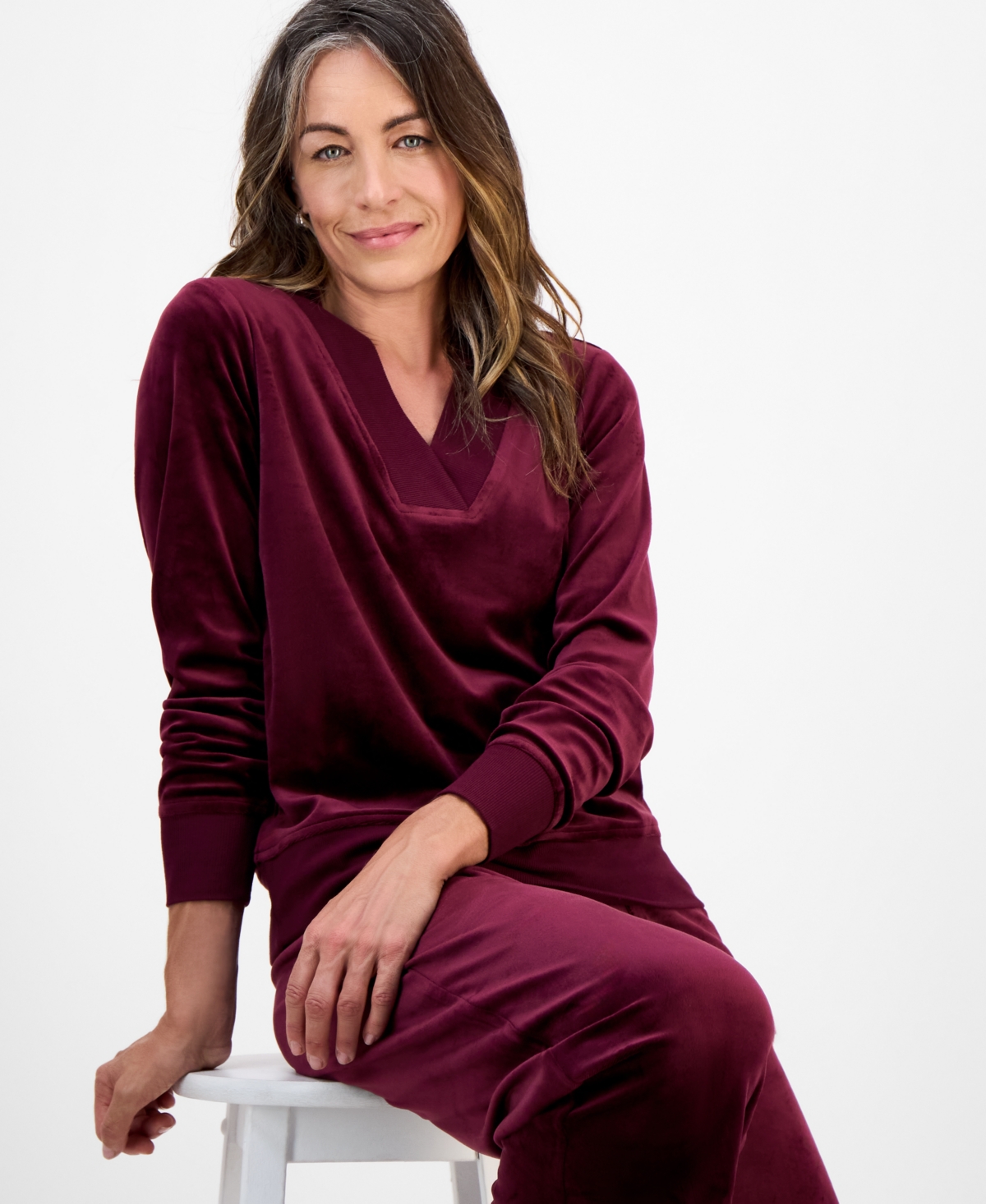 Style & Co Petite Easy V-neck Long-sleeve Velour Top, Macy's Exclusive In Burgundy