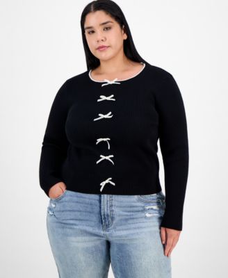 Madden Girl - Trendy Plus Bow-Front Ribbed Crewneck Sweater