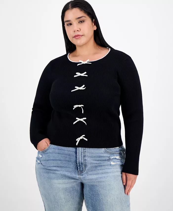 Trendy Plus Bow-Front Ribbed Crewneck Sweater - thumbnail 3