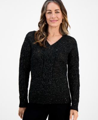 Style & Co - Petite Sequin Cable-Knit Sweater