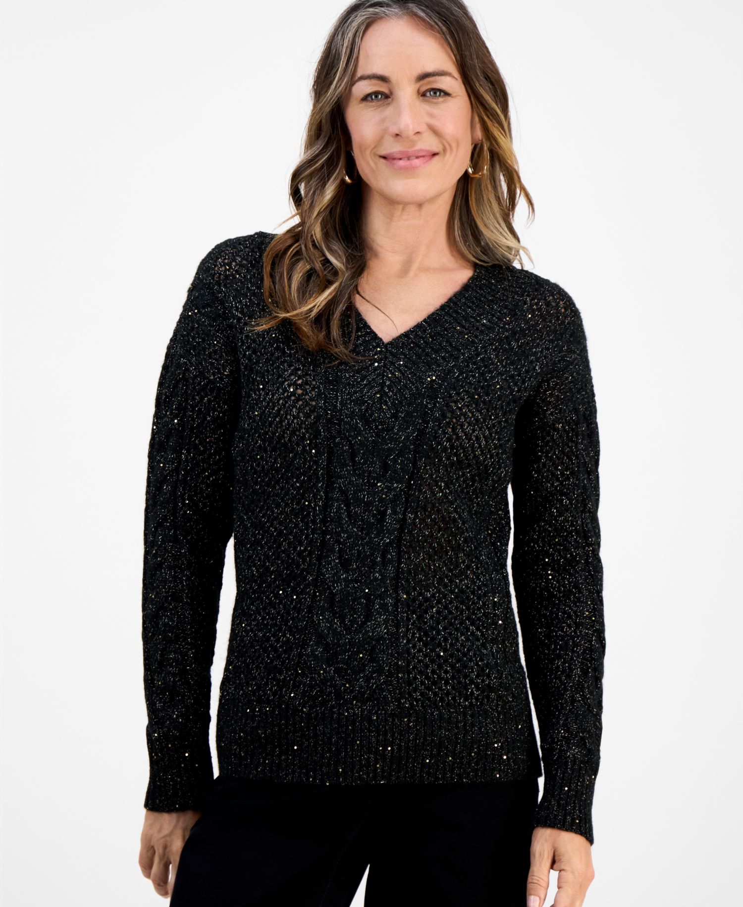 Petite Sequin Cable-Knit Sweater