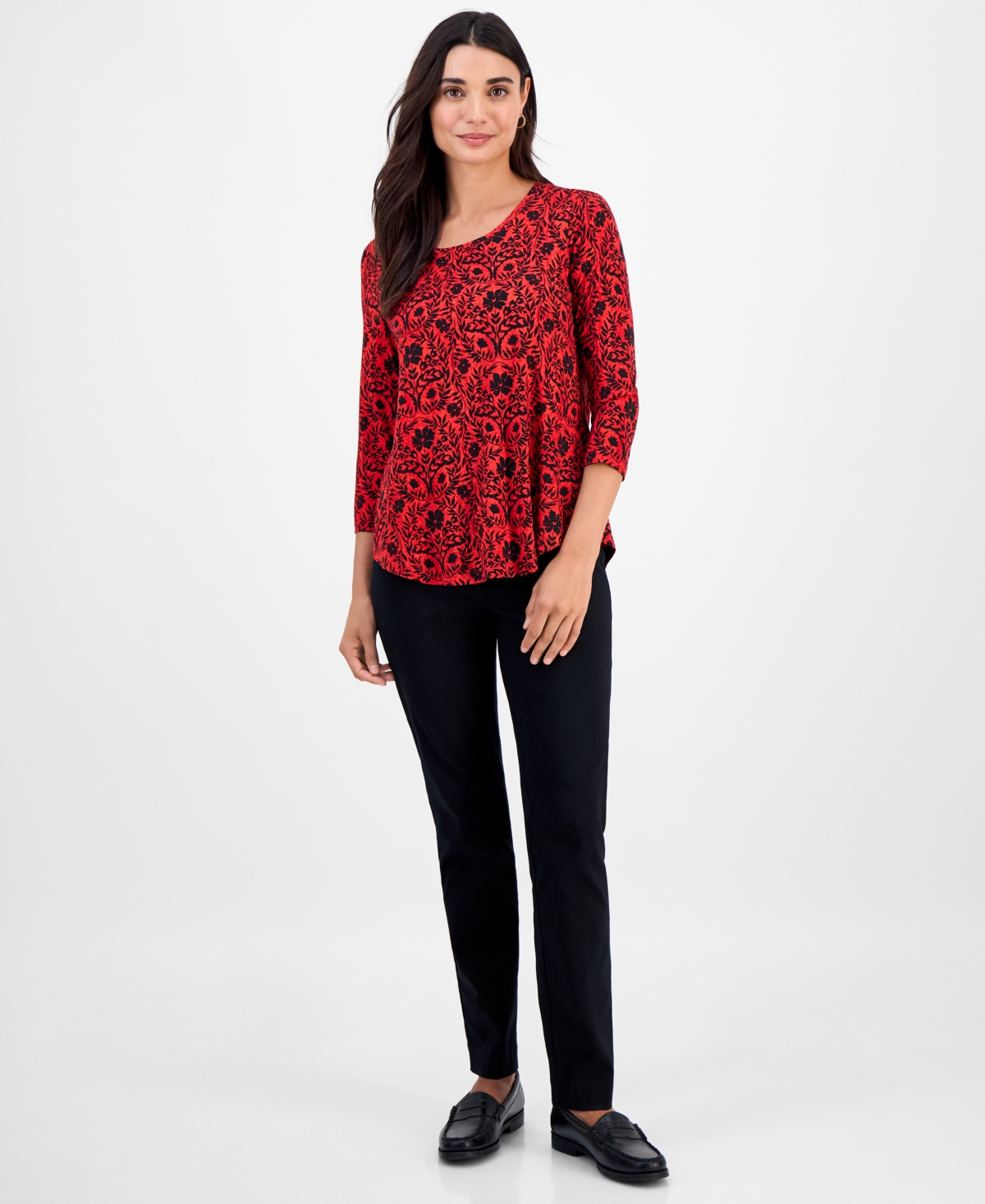 Macy's Jm Collection Petite Painted Foliage 3/4-sleeve Top,  Exclusive In Red