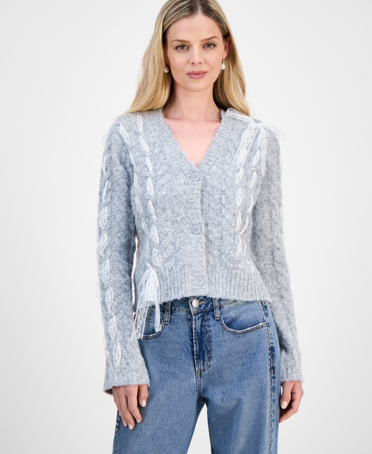 And Now This Petite V-Neck Lace-Bow Button-Front Cardigan, Macy's Exclusive