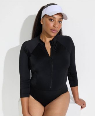 Plus Size Tugless Long Sleeve Rash Guard One Piece Swimsuit
