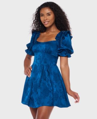 Juniors' Puff Sleeve Pleated Short Dress