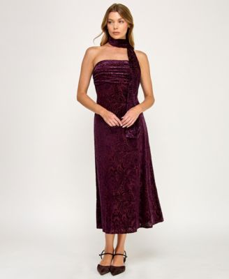 Juniors' Burnout Velvet Sleeveless Scarf Midi Dress