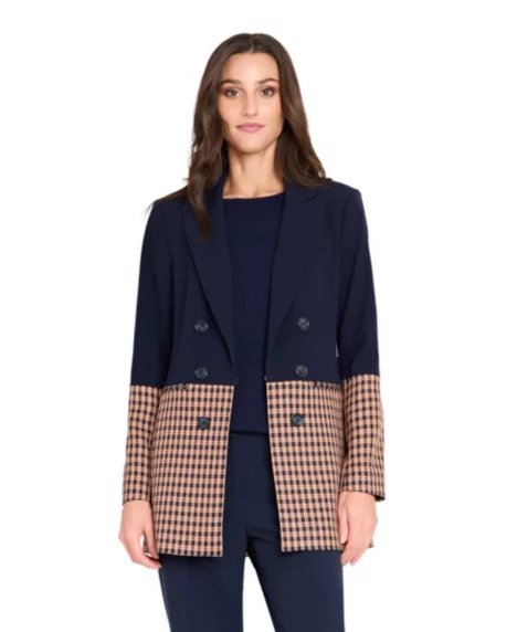 Petite Houndstooth Color Block Jacket - Navy/ginger