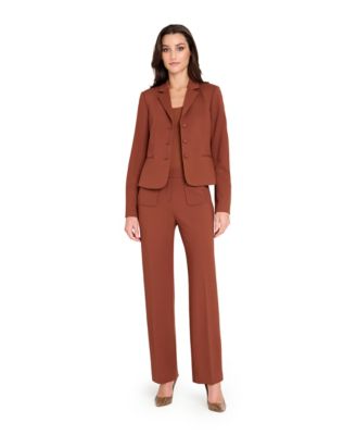 Tahari Asl Womens Notch Collar Short Jacket Patch Pockets Flare Pants Regular Petite In Brown