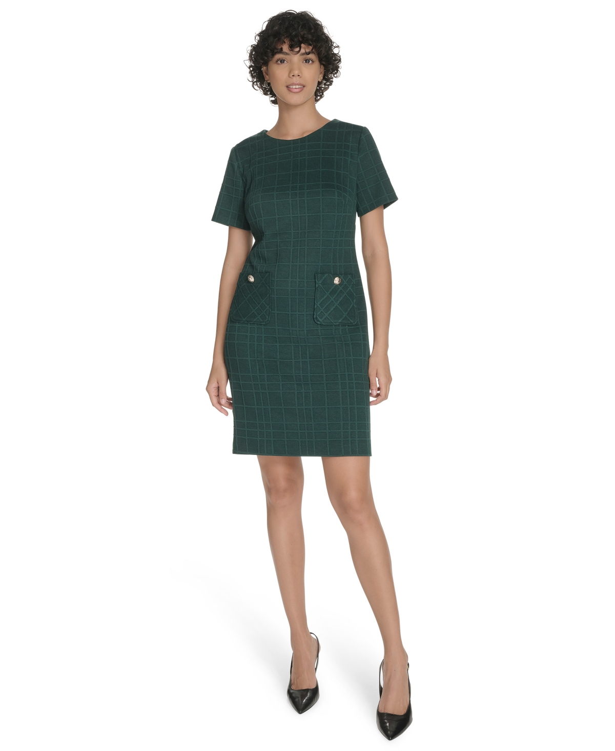Tommy Hilfiger Windowpane Short Sleeve Shift Dress In Green