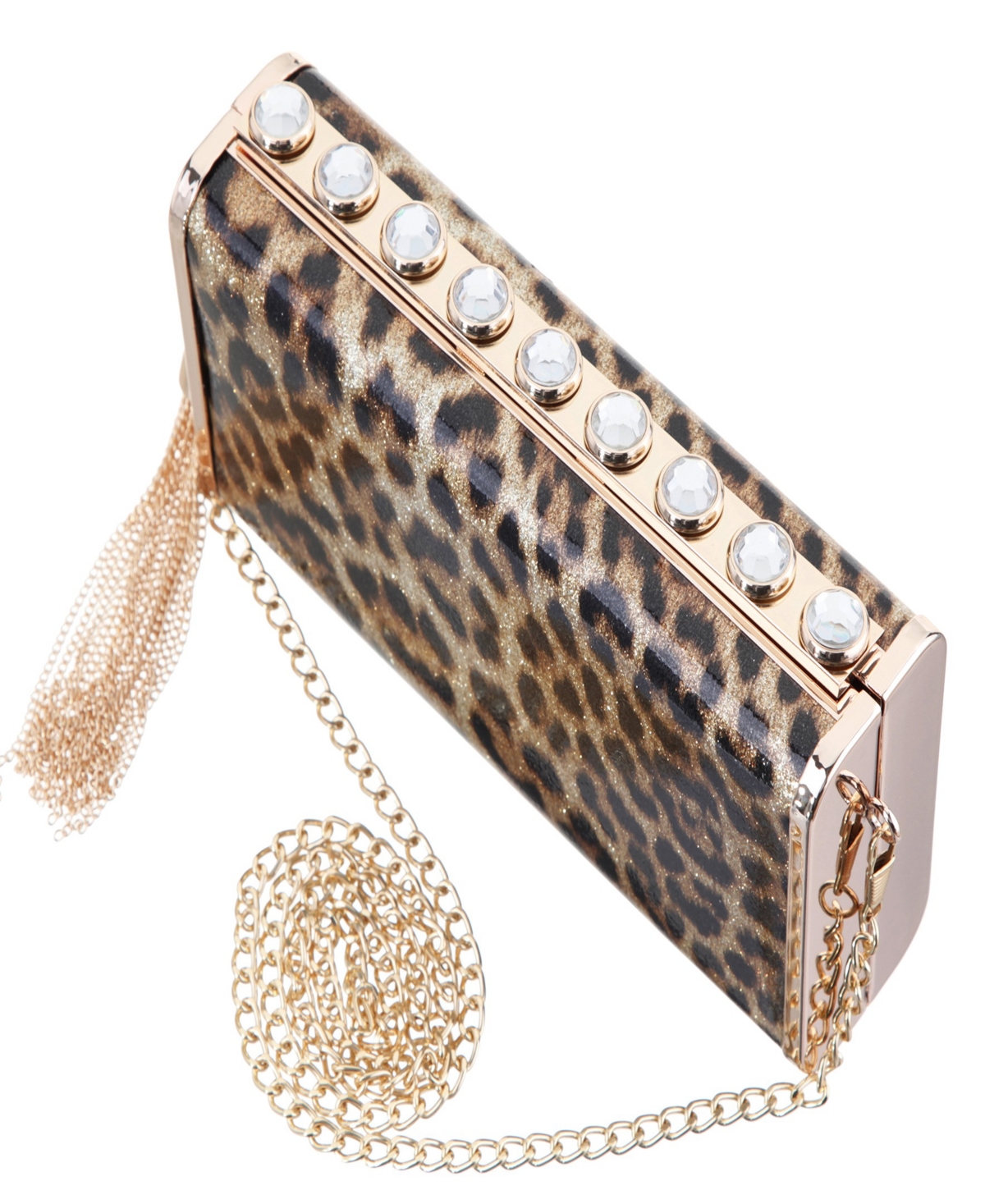 Nina Crystal Ornamented Minaudiere Tassel Lift Lock Clutch In Brown