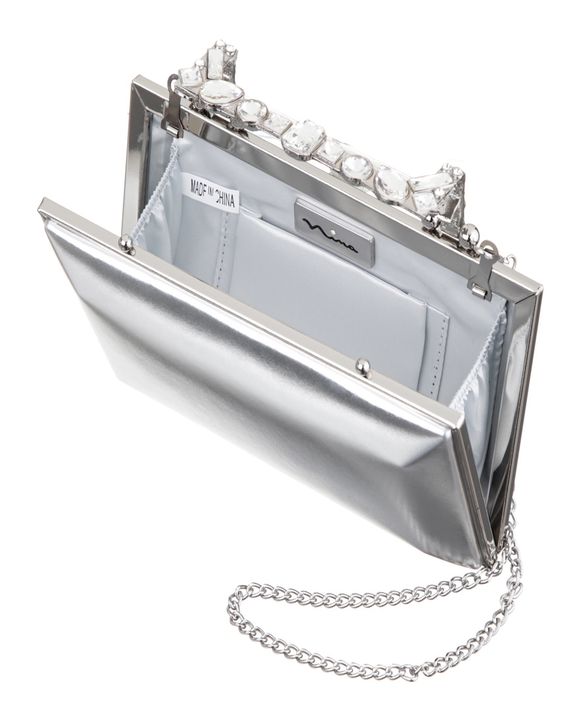 Nina Crystal Handle Lift Lock Clutch In Silver