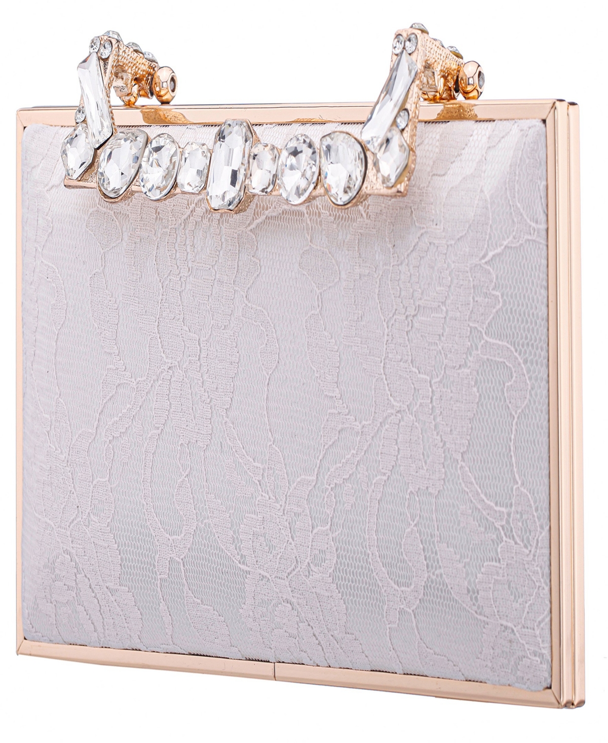 Nina Crystal Handle Lift Lock Lace Clutch In Silver