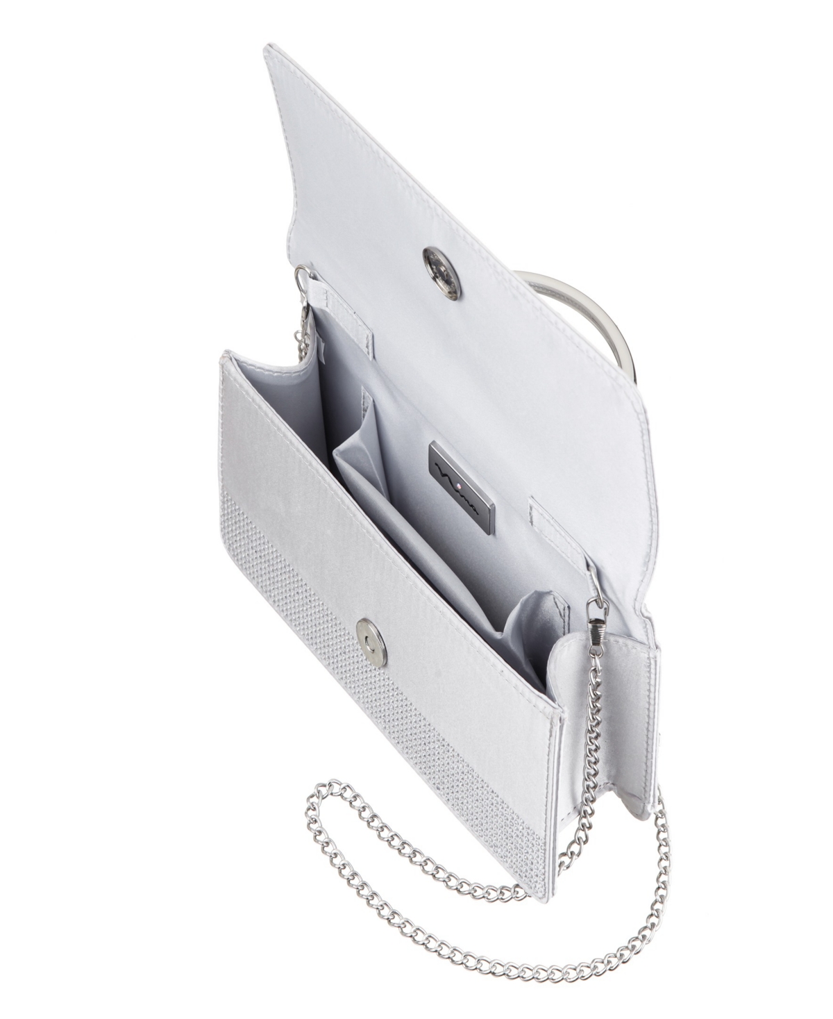 Nina Elongated Crystal Magnetic Snap Satchel Bag In Silver