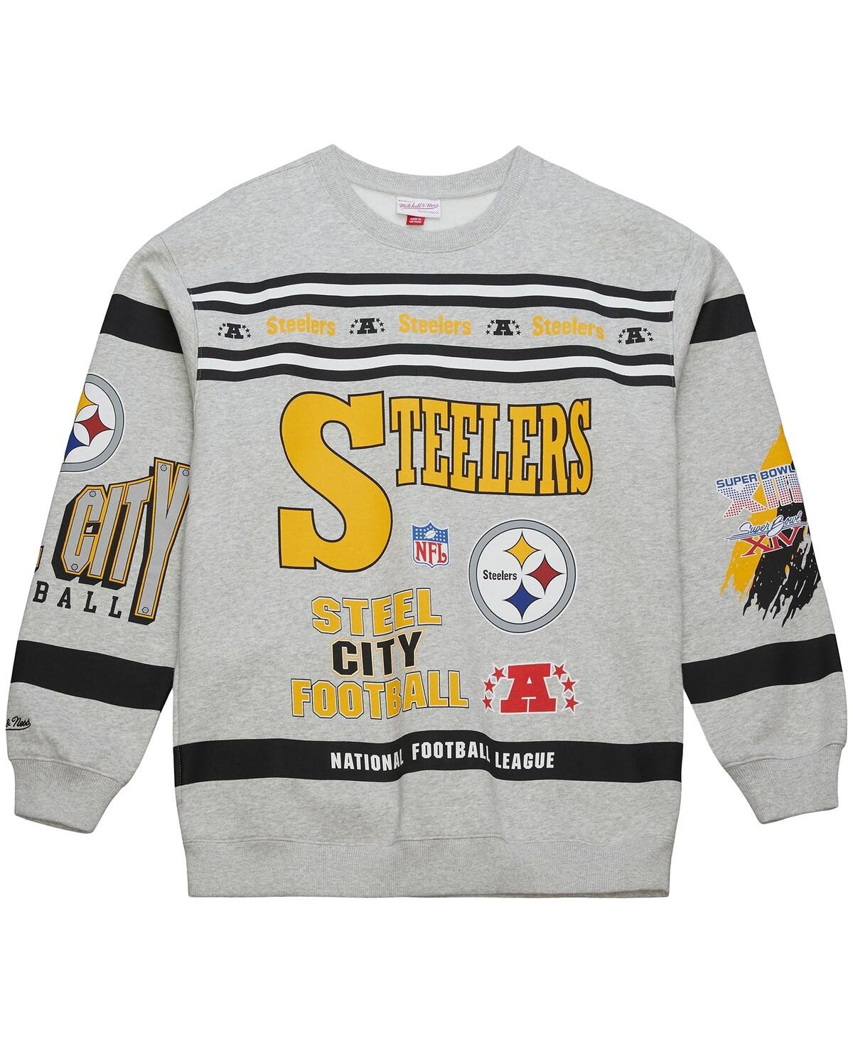 Mitchell & Ness Men's Heather Gray Pittsburgh Steelers All Over Print Fleece Crewneck Sweatshirt In Gray