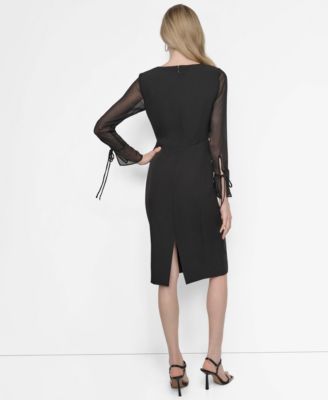 Women's Sheer Long Sleeve V-Neck Midi Dress