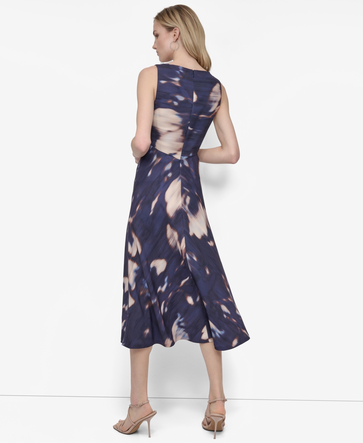 Dkny Women's Sleeveless V Neck Fit And Flare Midi Dress In Blue