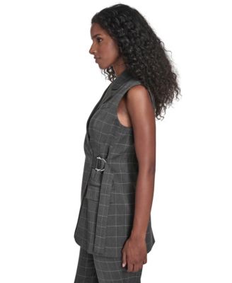 Women's Notch Collar Windowpane Belted Vest