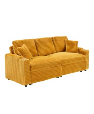 80" Orange Corduroy Pull-Out Sofa Bed w/ Cup Holder