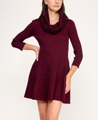 Juniors' Detachable Scarf Fit & Flare Sweater Dress