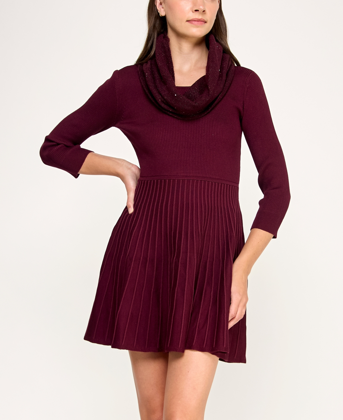 Bcx Juniors' 3/4-sleeve Crewneck Detachable Scarf Sweater Dress In Burgundy