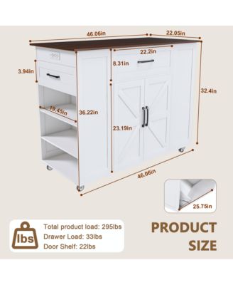  46" Kitchen Island with Power Outlet, Drawers & Cabinet, Rolling Farmhouse Cart with Wood Top & Locking Wheels-Maison Boucle