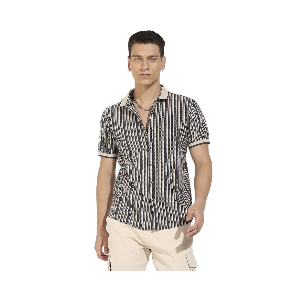 Campus Sutra Men's Light Grey & Navy Blue Contrast Knitted Shirt