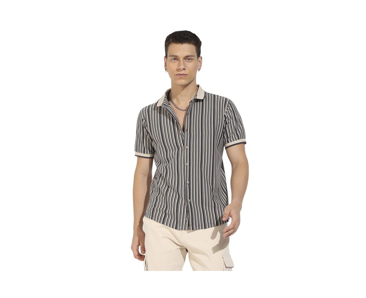 Men's Light Grey & Navy Blue Contrast Knitted Shirt